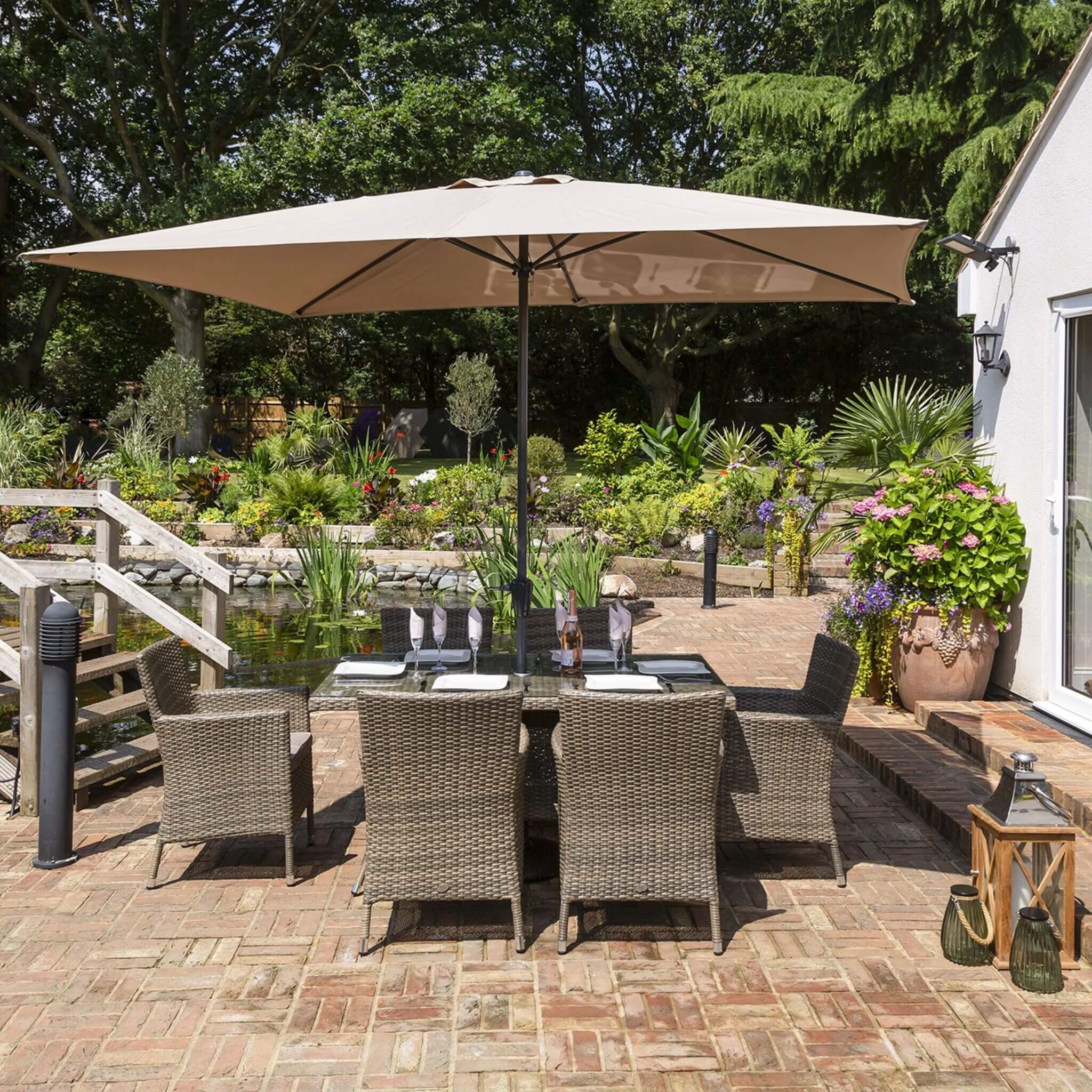Katie Blake Sandringham 6 Seat Rattan Garden Dining Chairs, Parasol & Rectangular Table Set