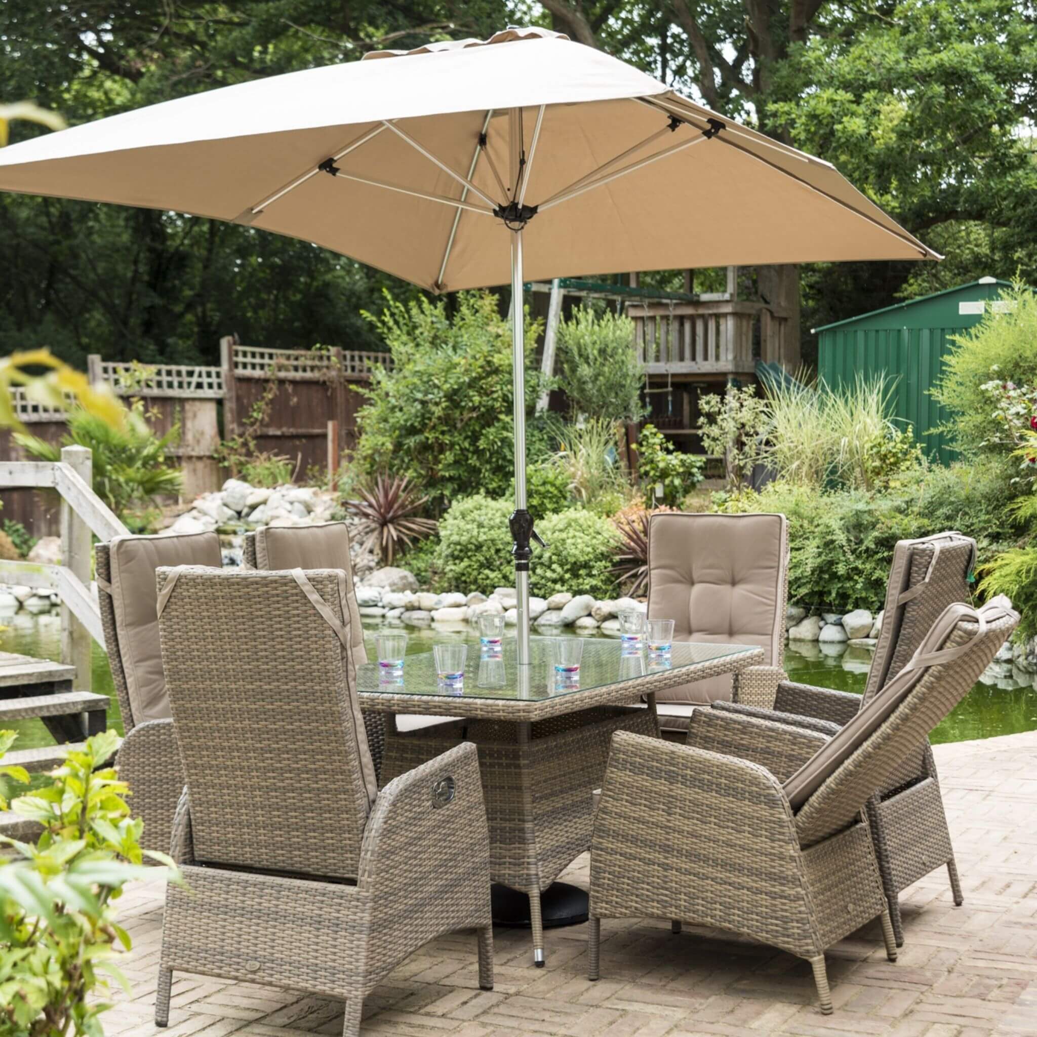 Katie Blake Sandringham 6 Seat Rattan Reclining Garden Dining Chairs, Parasol & Rectangular Table Set