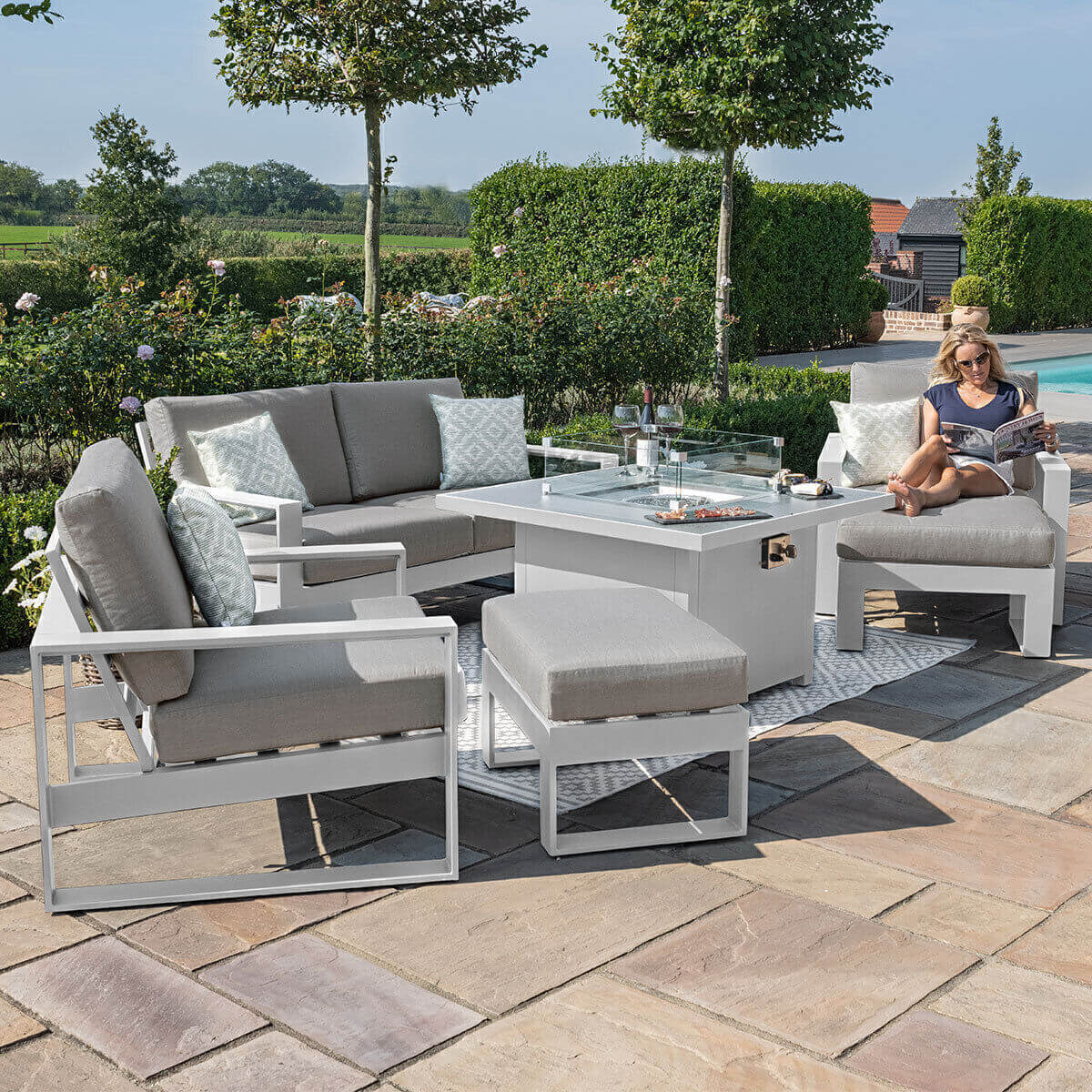 Maze Outdoor Amalfi 2 Seat Sofa Dining Set with Square Fire Pit Table