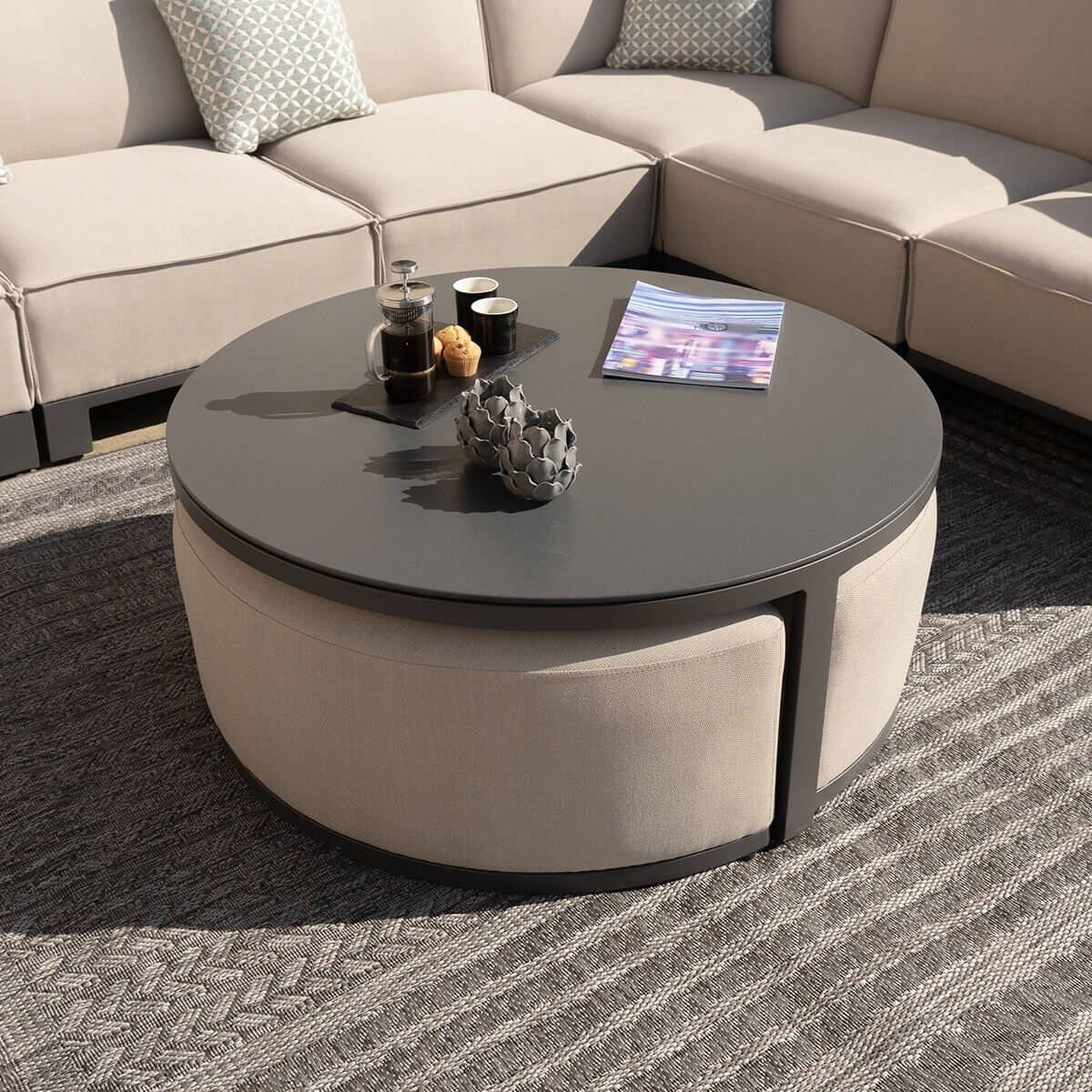 Maze Outdoor Round Coffee Table with 3 Footstools