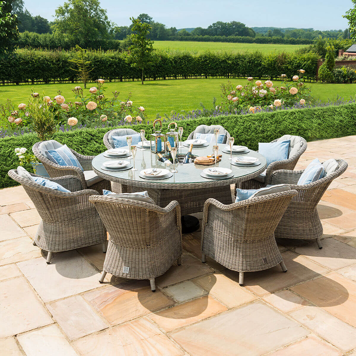 Maze Outdoor Oxford 8 Seat Round Ice Bucket Dining Set with Heritage Chairs and Lazy Susan