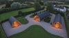 Aerial view of three curved timber glamping pods spaced apart on a landscaped private site beside a countryside home, with gravel paths, decks, and outdoor seating.
